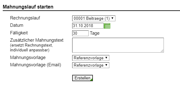 Mahnvorlage Auswahl beim Erstellen der Mahnung